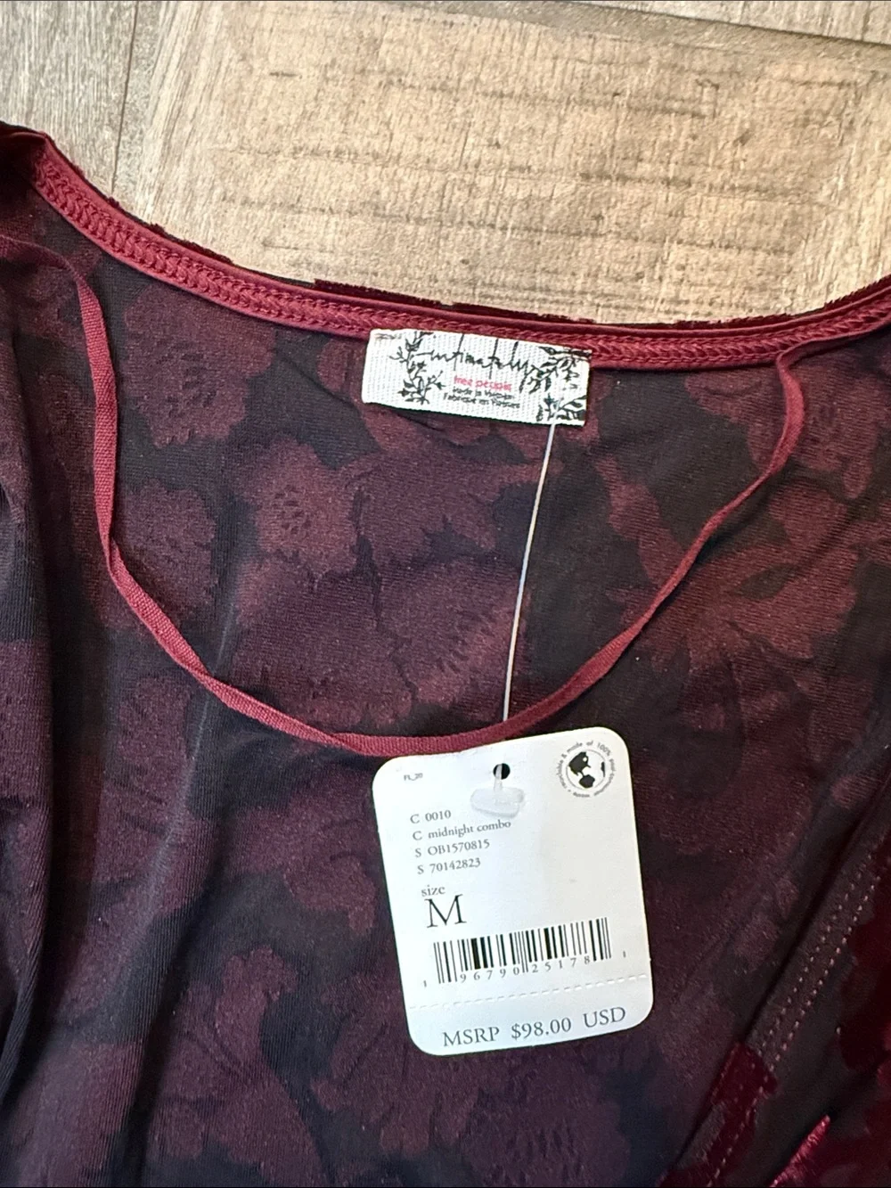 Free People Bodysuit Midnight Combo Magic Hour Velvet Long Sleeves M Wine NWT